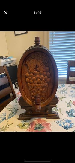 Vintage Oak hand carved wine barrel. Dispensary working parts, oak with iron bands.