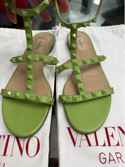 Valentino Garavani Lime Green Studded T-Strap Flat Sandals