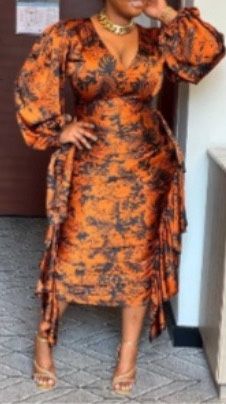 Cocktail Party Dress Orange Floral Print Puffy Sleeves Ruffles Midi Dress