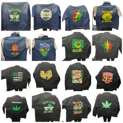 Black And Blue Denim Jean Jacket With Weed Designs And Many Other Designs