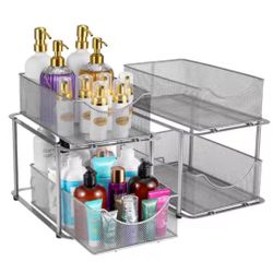 Sorbus 2-Tier Silver Metal Under Sink Bathroom and Kitchen Organizers and Storage, 2 Pack Sliding Drawers @Z6-983