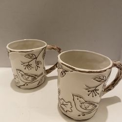 Certified international Susan Winget set of 2 bird & leaf ceramic mugs. Bo Ho / vintage/ cottage.