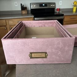 3 Pink Velvet Storage Boxes 