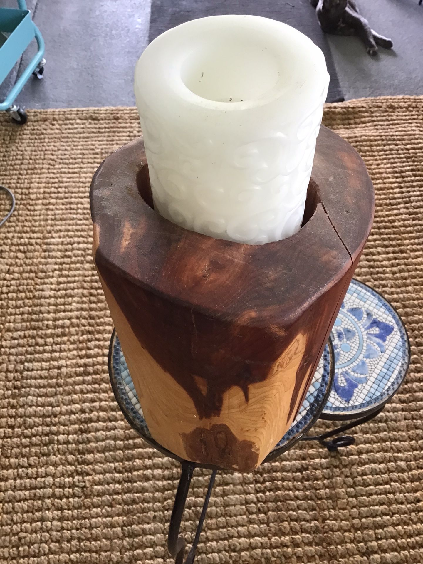 ROSEWOOD LOG CARVED Beautiful CANDLE HOLDER HAND MADE ONE OF A KIND .