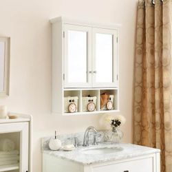 24.75 in. W x 7.5 in. D x 30.25 in. H Bathroom Storage Wall Cabinet in White with Mirror, Adjustable Shelf