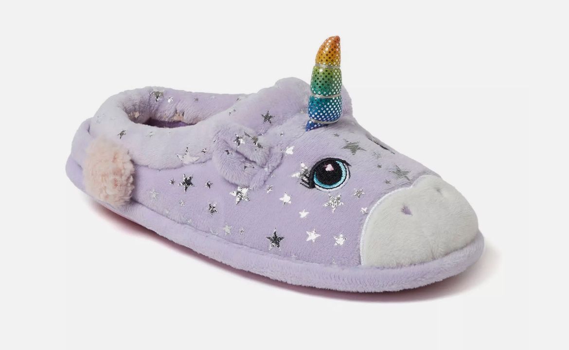 NEW Kids Purple Dearfoams Plush Unicorn Memory Foam Slippers - size 4/5 - hard sole