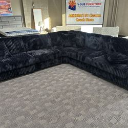 Large Deep Black Sectional W/ Cupholders And USB Ports 
