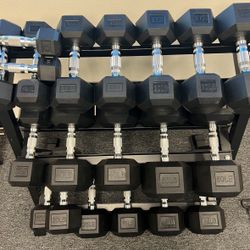 (New In Box) 5-50lb Rubber Hex Dumbbells With 3 Tier Dumbbell Rack Weights - Click On Out Profile For More Gym Equipment Via 