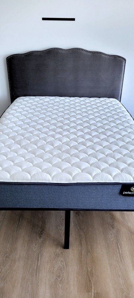 Newer Queen Serta 13" Mattress, Platform Bed Frame and Free Upholstered Headboard