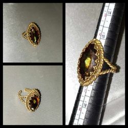 VINTAGE ORNATE VICTORIAN ART DECO WEST GERMANY BRAIDED BRASS GEMSTONE GEM TOPAZ MARQUIS CUT COSTUME JEWELRY RING