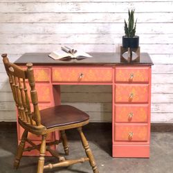 Gorgeous Coral Hand Painted Desk / Vanity 