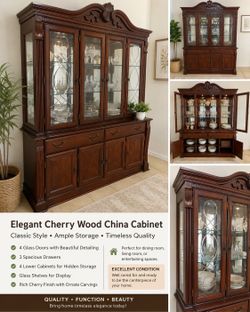 Solid Wood Cherry China Cabinet & Hutch – Elegant Display Cabinet with Glass Doors | Excellent Condition