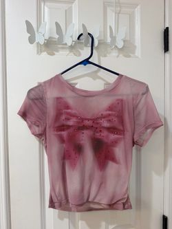 Pink Mesh Crop Top with Rhinestone Bow