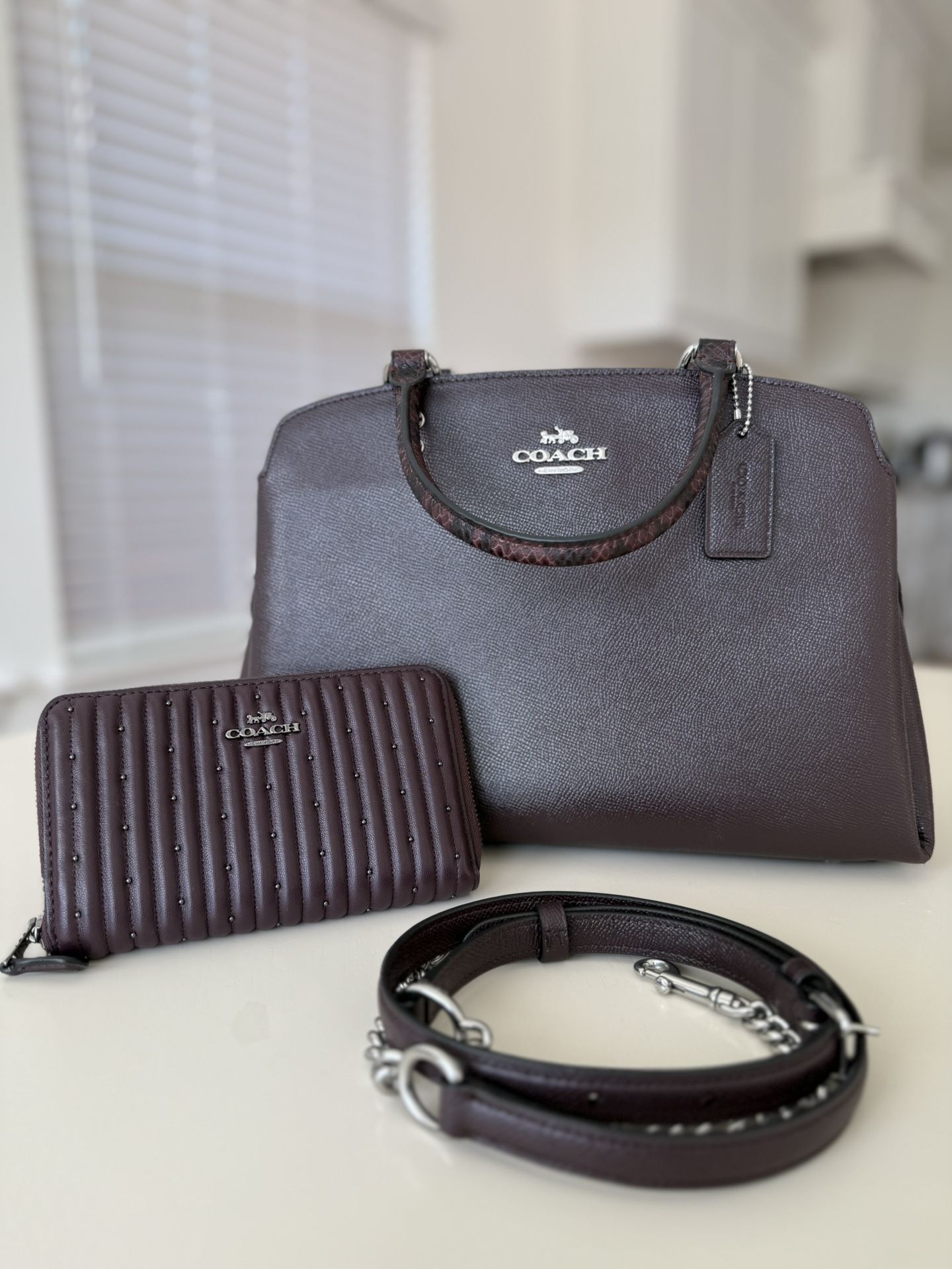 Coach Burgundy Python Embossed and Leather Large Lillie Carryall Satchel Bag with wallet