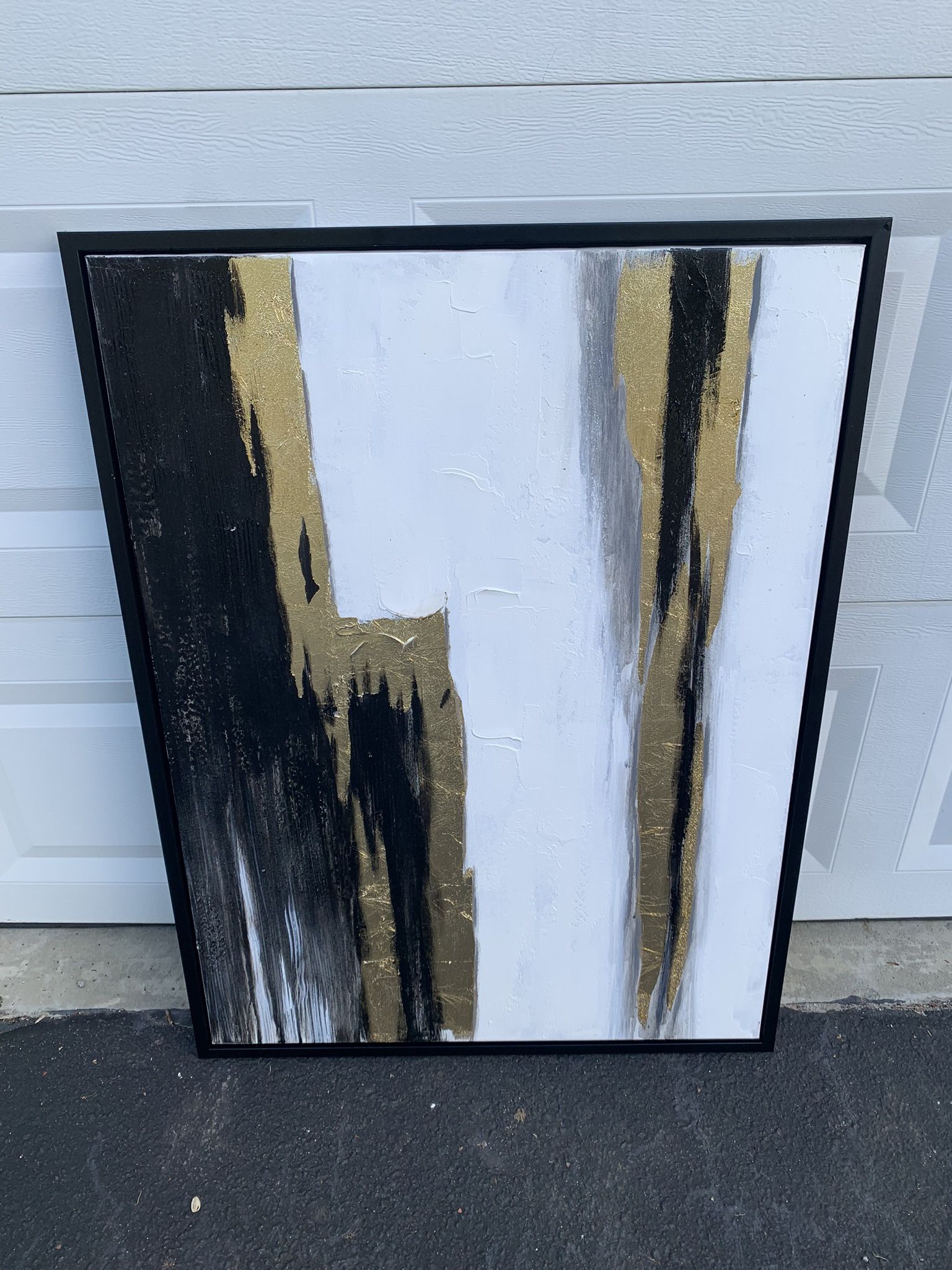 Textured Abstract Wall Art Black White And Gold Painting with Black frame - Excellent Condition!