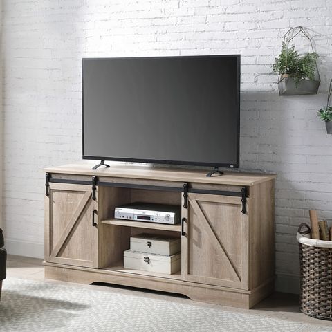 💎RUSTIC BARN DOOR TV MEDIA STAND CABINET OAK FINISH STORAGE💎