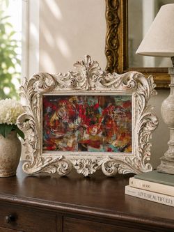 Ornate White Baroque Picture Frame with Abstract Art