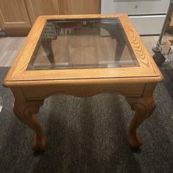 Ball Claw Feet Oak Wood End Table w/Glass Top Insert