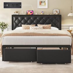 New Heavy Duty Queen Bed Frame with 2 Storage Drawers, Upholstered Headboard Button Tufted Bed Frame with Charging Station, No Box Spring Needed, Nois