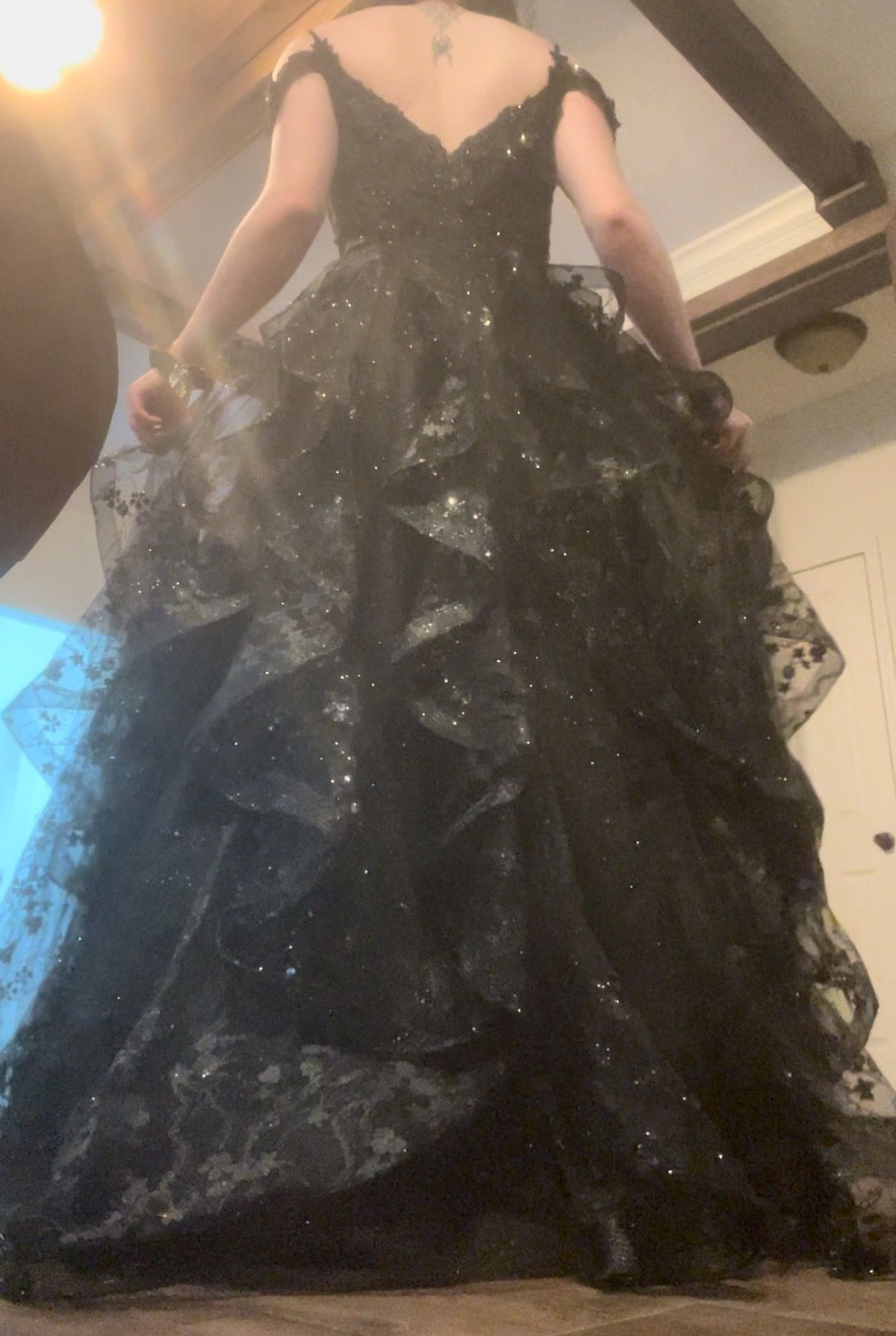 black long sleeve lace mermaid dress Ellie Wilde EW36015 Black A-Line Gown with Plunging Neckline main image 0