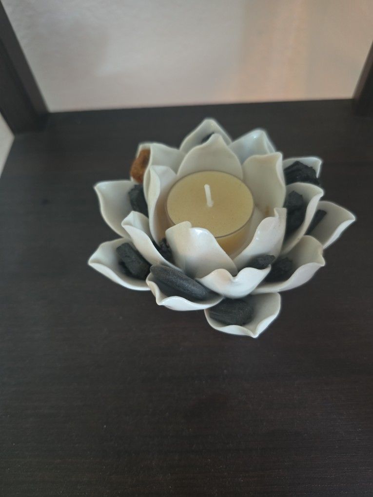 Ceramic Lotus Tealight Holder/Tourmaline Gemstones Included!