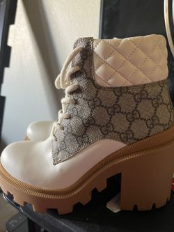 Gucci White Leather GG Canvas Ankle Boots
