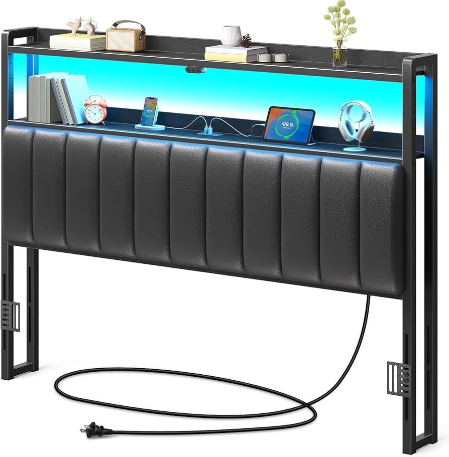 Rolanstar Headboard for Queen Size Bed with Storage, 60,000 DIY Color of LED Light, Head Board with USB, Type C Port, Height Adjustable, Black Upholst