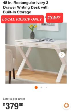 ➿️ Home Deco 48"Rectangular Ivory 3 Drawer Writing Desk w/ Built-In Storage #3497