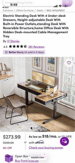 Electric L Shape Standing Desk with outlets