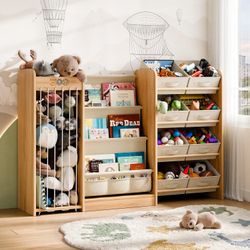 Kids Toy Organizer with Bookshelf & Stuffed Animal Storage, 50'', Burlywood 3-in-1 Kids Toy Storage Shelf with 8 Bins, 4-Tier Bookshelf for Kids, Stuf