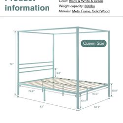 Like New Green Metal Canopy Platform Bed Frame/Mattress Foundation with Wood Slats Support/No Box Spring Needed/Easy Assembly, Queen