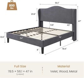 Full Size Bed Frame with Curved Wingback Headboard, Soft Grey Modern Luxury Design Velvet Platform Bed with Sturdy Wooden Slats,Noise-Free, No Box Spr