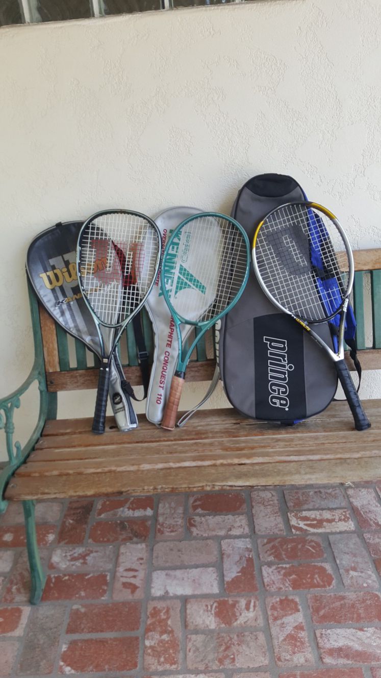 3 Tennis Rackets with bags, Balls & Ball Carrier.
