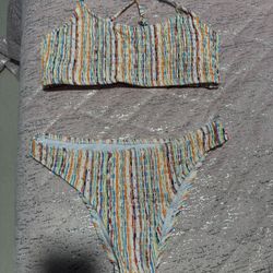 Women's Two-Piece Bikini Set, Multi-Color Stripe Print, High Cut Bottoms, Summer Beachwear, Adjustable Straps, Swimwear