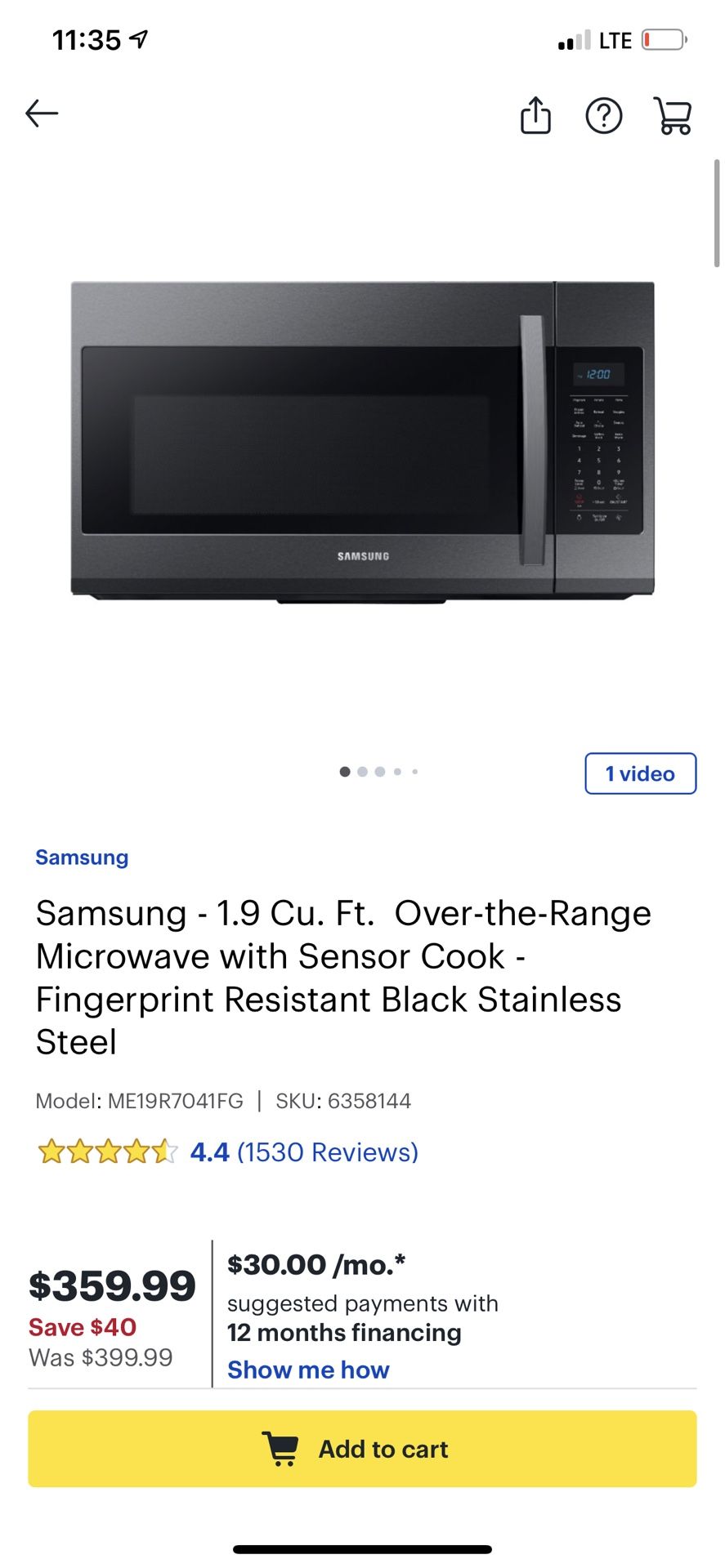 Samsung Over The Range Black Stainless Steel Microwave.