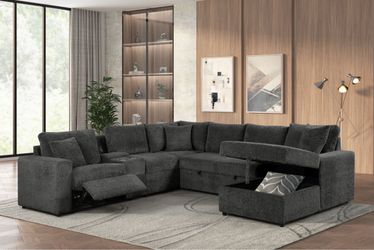 Dark Gray, Black, Corduroy Black, Light Gray Sectional with Pull Out Sofa Bed and Recliner