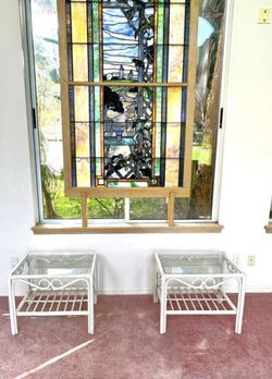 Pair of White Vintage Bamboo Rattan End Tables, Glass Tops and Magazine Rack