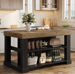 Assembled Kitchen Island with 3 Shelves, 55 Inches Width Kitchen Shelf with Large Worktop, Stable Wooden Structure, Farmhouse Style, Easy to Assemble,