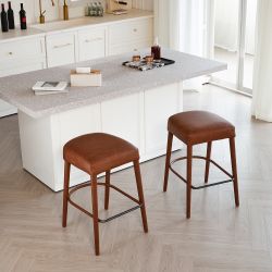 Brown PU Leather Counter Chairs 2 Pcs Dining Chairs