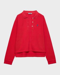 Prada Plunging Long-Sleeve Cotton Pique Polo Shirt