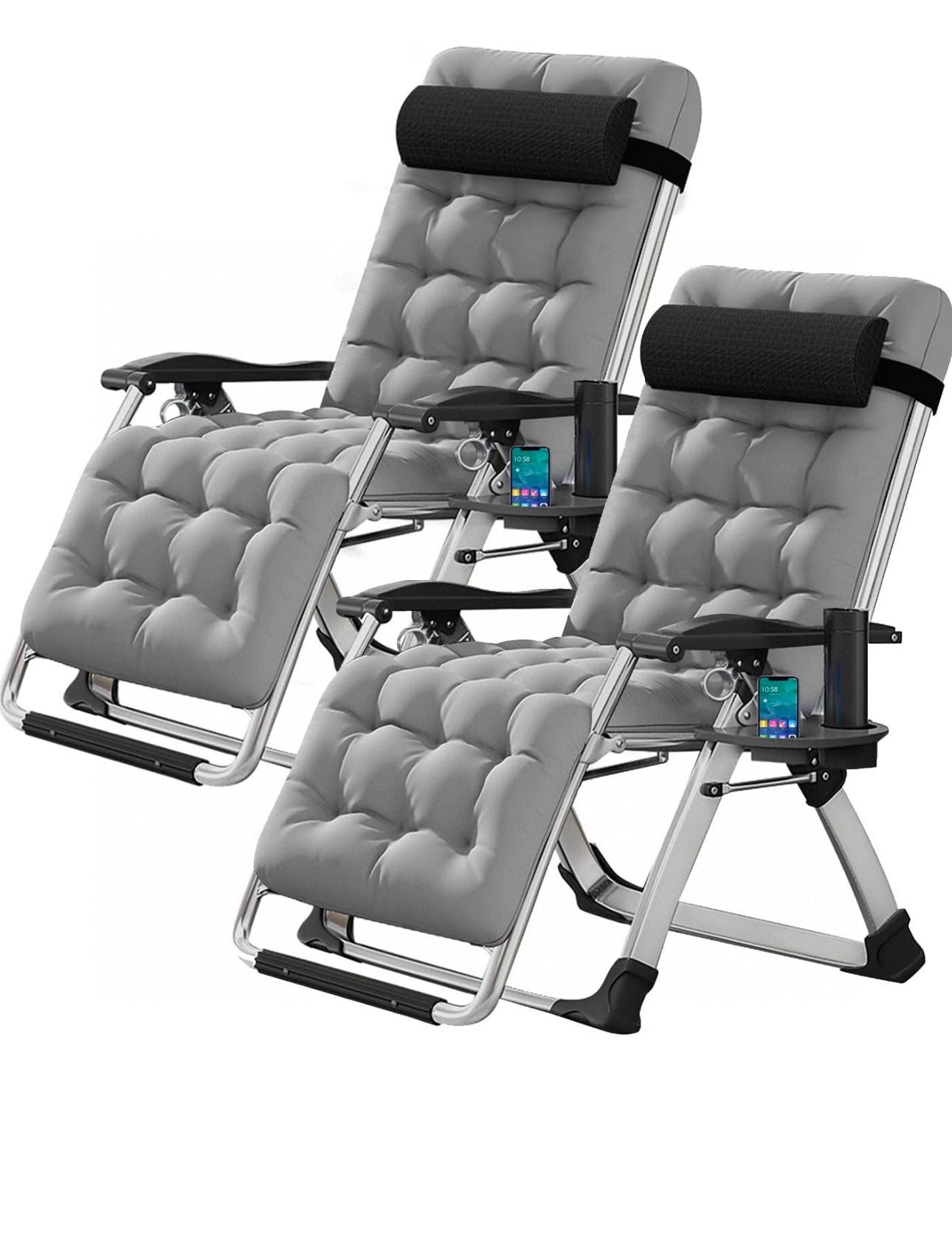 2 chairs Gravity Chair Lawn Recliner Reclining Patio Lounger Chair Folding Portable Chaise with Detachable Soft Cushion Cup Holder Headrest