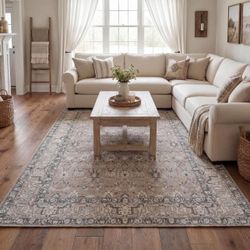 Kuden 6x9 Area Rug, Machine Washable Area Rug with Non-Slip Backing, Vintage Style, Soft, Easy Clean, Low Pile Rug for Living Room, Bedroom, Dining Ro