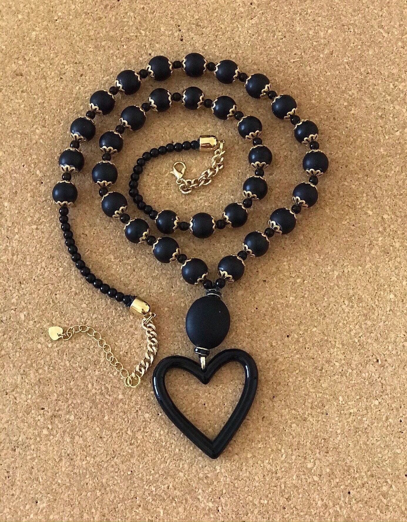 Eyeglass Necklace/Black Heart Holder Necklace/Badge Holder Necklace/Black Heart Holder/Sunglass Holder Necklace/Beaded Lanyard Necklace