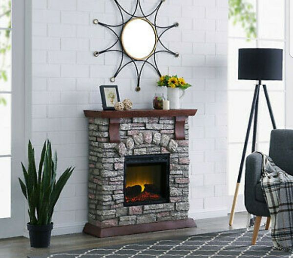 Fireplace Electric Insert Heater Wall LED Bold Flame Faux Stone Remote