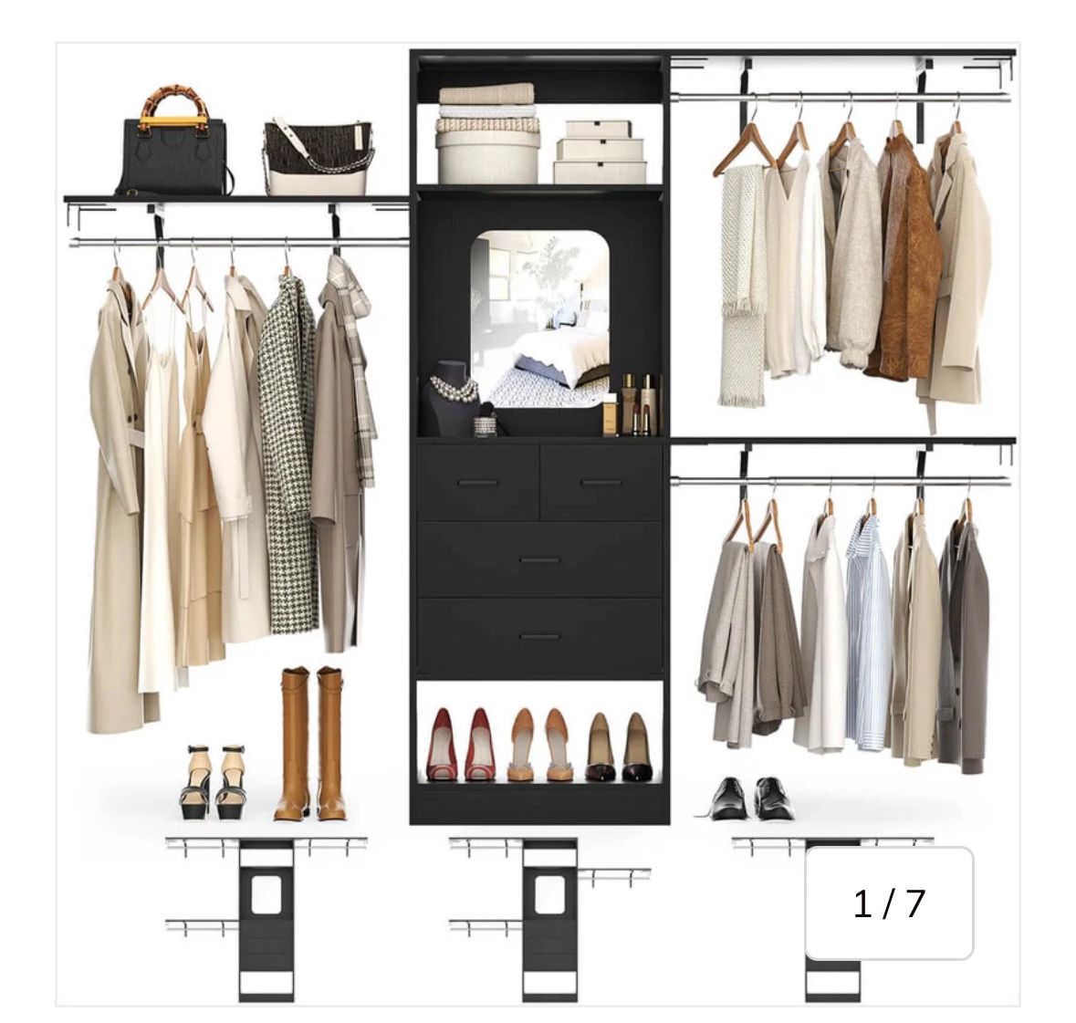 96 Inch Closet Organizer System, 8FT Walk in Closet Insert with 25" Tower, 3 Hanging rods and Top Shelves, Heavy Duty Clothing Wardrobe with 4 Drawers