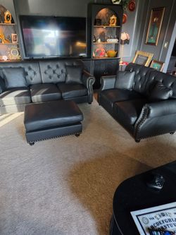 Brand New Wayfair Faux Leather Chesterfield Couch, Loveseat, & Ottoman
