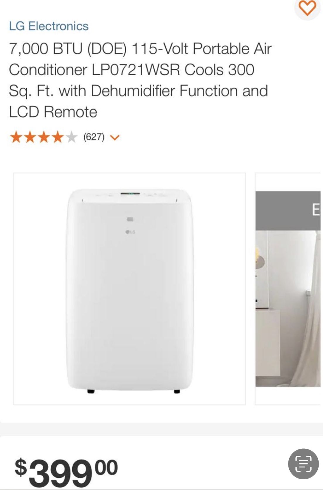 LG 7000 BTU (DOE) / 10000 BTU (ASHRAE) Portable Air Conditioner Cools 350 Sq. Ft. (12'x 25' room size) Quiet Operation LCD Remote Window Install