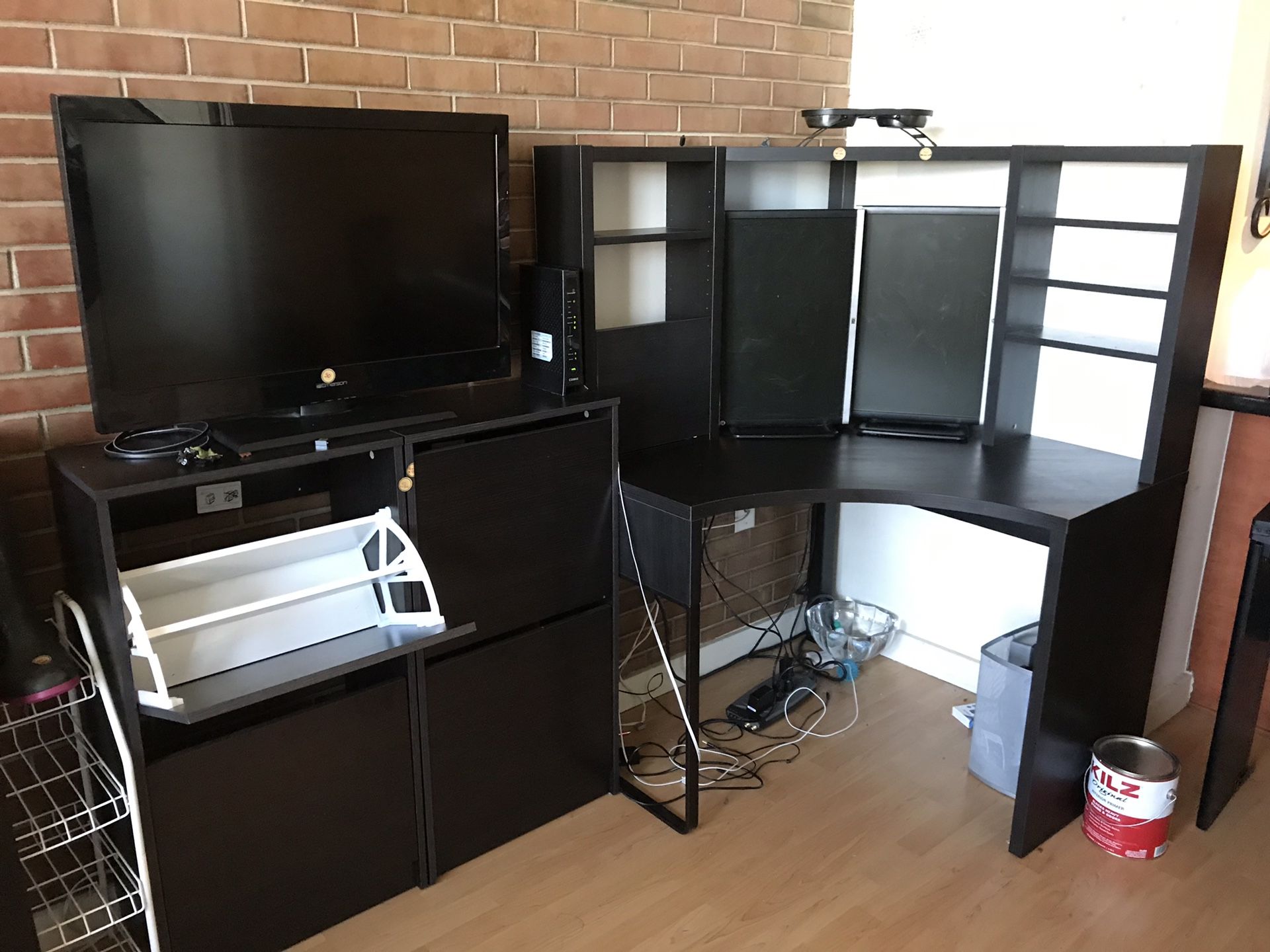 Black corner desk with hutch and file cabinets