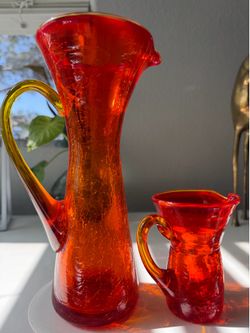 Vintage Mid Century crackle glass pitchers