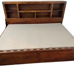 Full Bed Frame - Dark Brown Wood w/ Shelves And Drawers